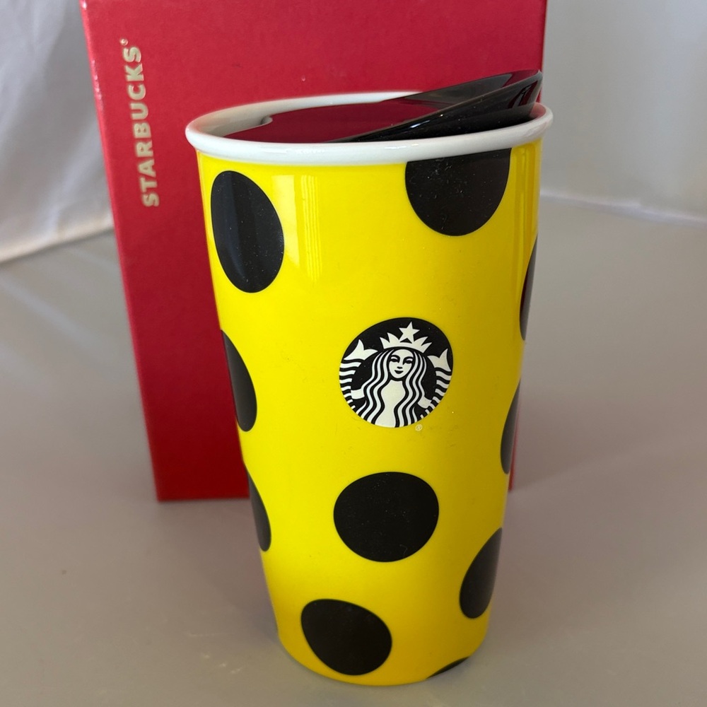 New Starbucks Vibrant Yellow Tumbler with Black Dots Ceramic Traveler 12 fl oz